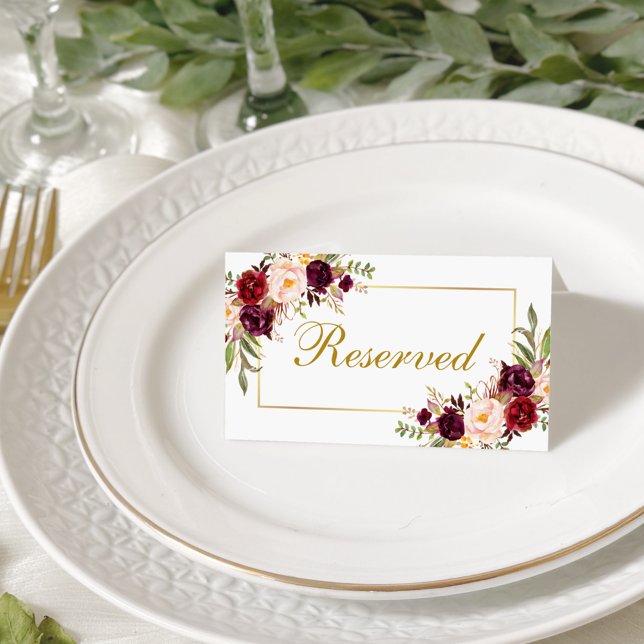 Watercolor Floral Burgundy Gold Wedding Reserved Place Card (Customize to change text color, style or to add more text to front, back or inside of card.)