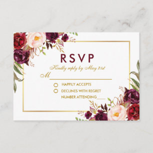 Watercolor Floral Burgundy Gold Wedding RSVP B Card