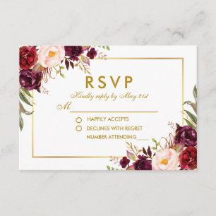 Watercolor Floral Burgundy Gold Wedding RSVP Card