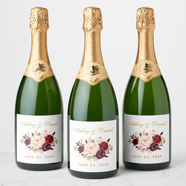Watercolor Floral Burgundy Gold Wedding Sparkling Wine Label (Bottles)