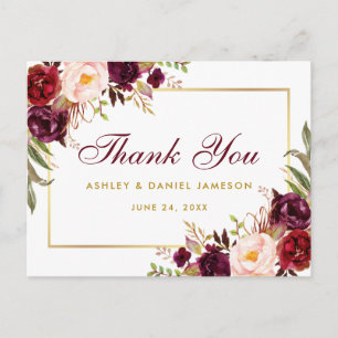 Watercolor Floral Burgundy Gold Wedding Thank You Postcard