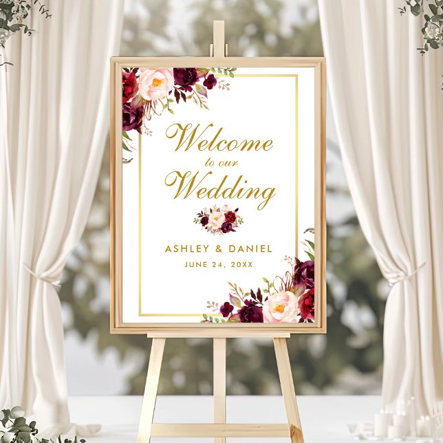 Watercolor Floral Burgundy Gold Wedding Welcome Poster (Customize to change text color, text size, text style or size of poster.)