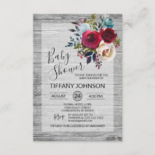 Watercolor Floral Burgundy Grey Rustic Baby Shower Invitation