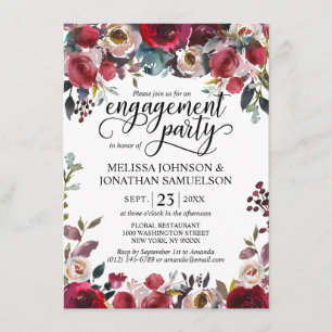 Watercolor Floral Burgundy Merlot Engagement Party Invitation