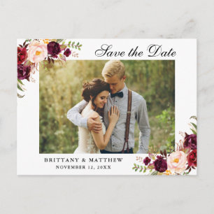 Watercolor Floral Burgundy Save the Date Announcement Postcard