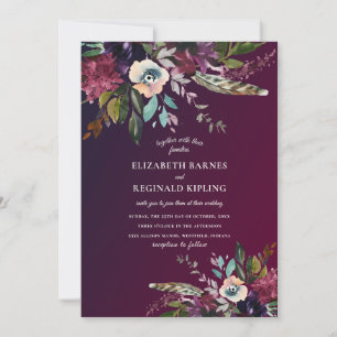 Watercolor Floral Burgundy Wash QR Code Wedding Invitation