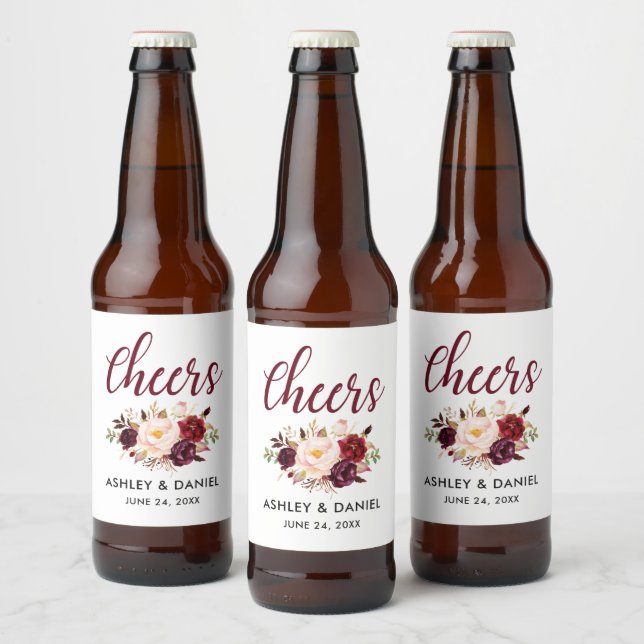 Watercolor Floral Burgundy Wedding Cheers Beer Bottle Label (Bottles)