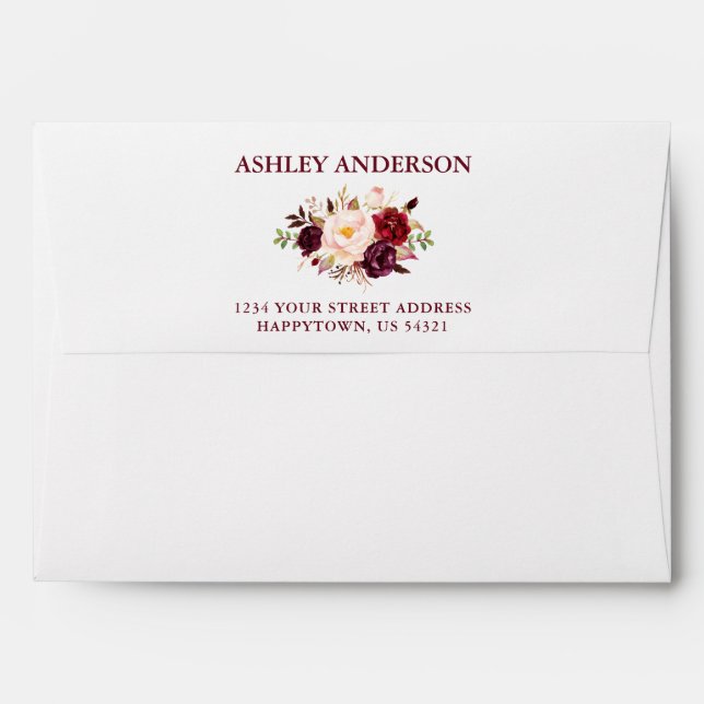 Watercolor Floral Burgundy Wedding Envelope (Back (Top Flap))