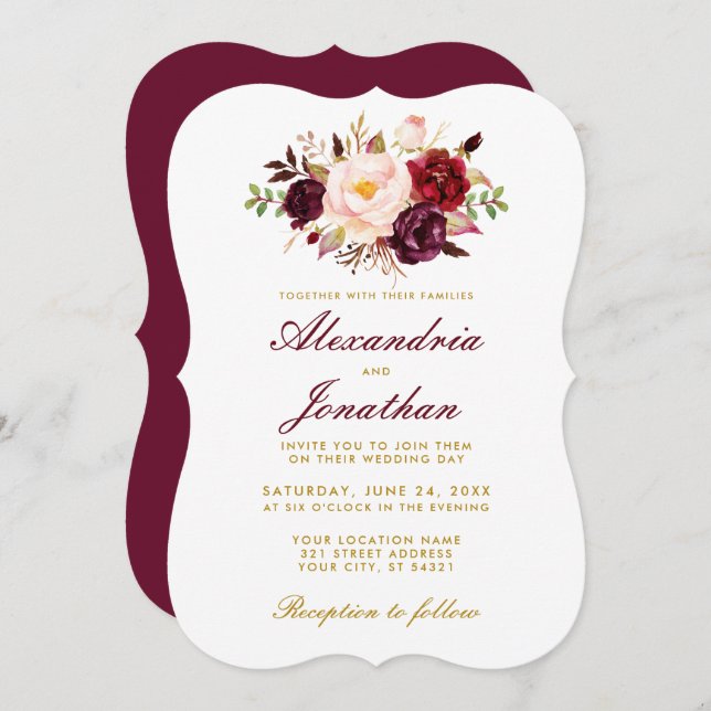 Watercolor Floral Burgundy Wedding Gold BR Invitation (Front/Back)