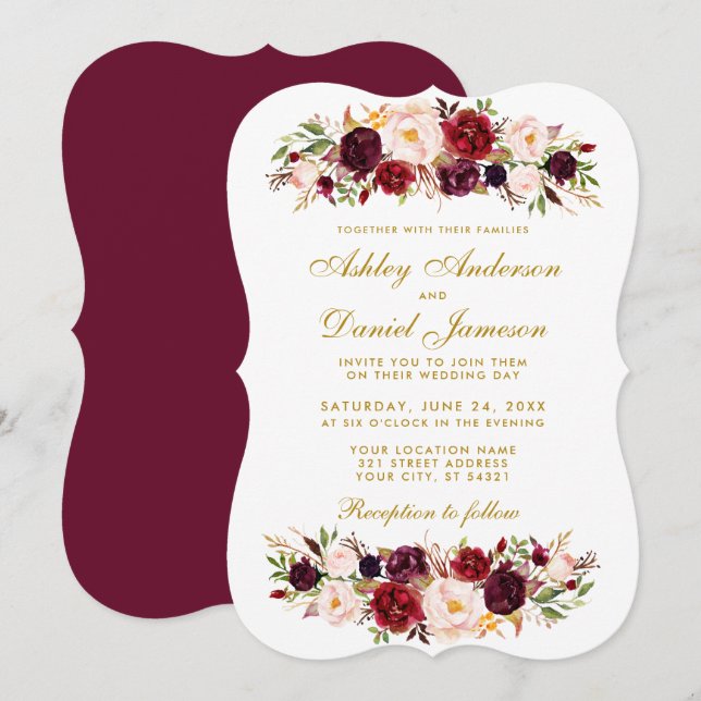 Watercolor Floral Burgundy Wedding Invitation GB (Front/Back)