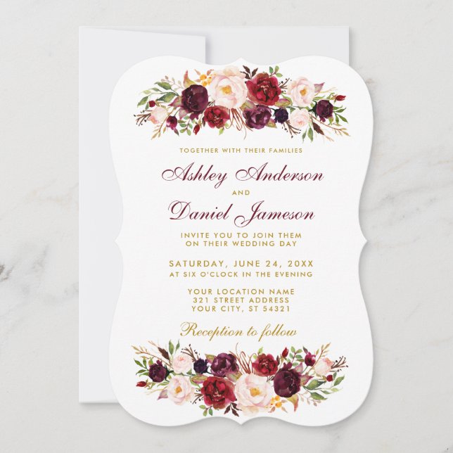 Watercolor Floral Burgundy Wedding Invitation WGB (Front)