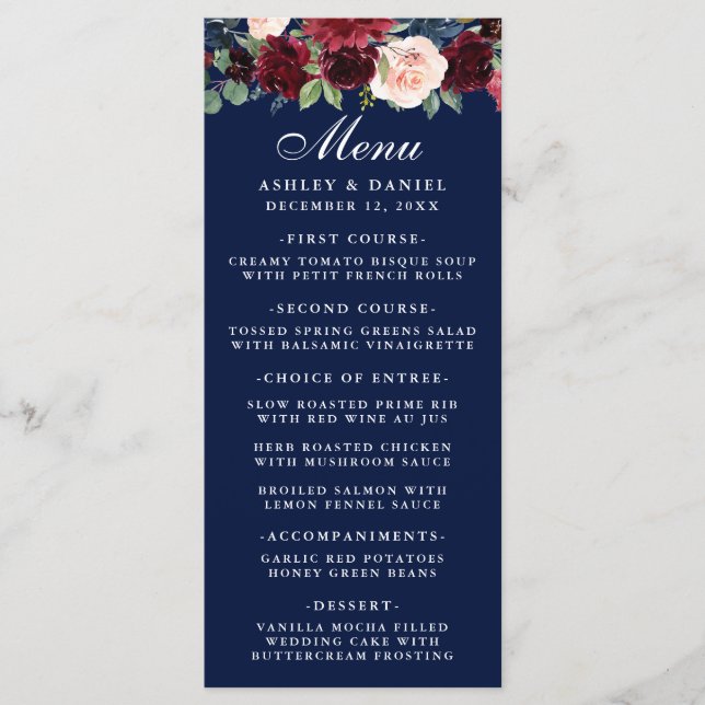 Watercolor Floral Burgundy Wedding Menu Blue (Front)