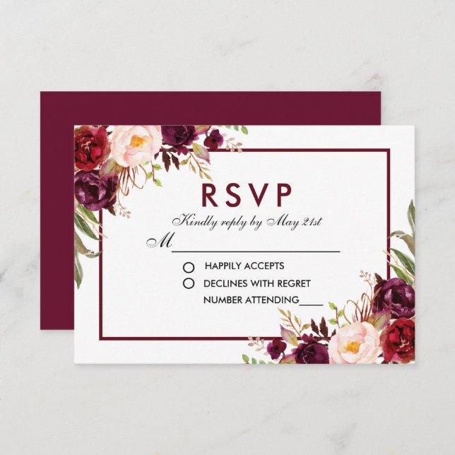 Watercolor Floral Burgundy Wedding RSVP B (Front/Back)