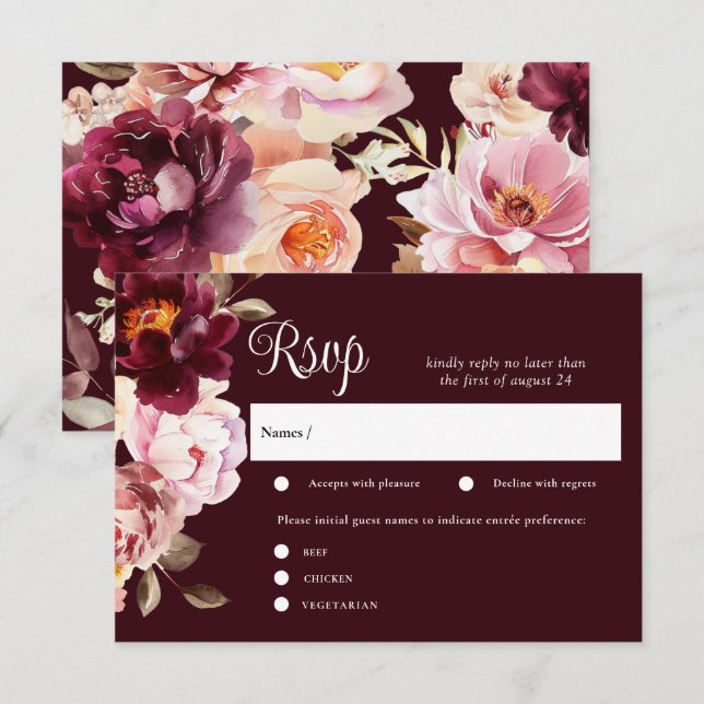 Watercolor Floral Burgundy Wedding RSVP Cards (Front/Back)