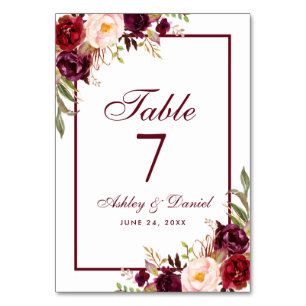 Watercolor Floral Burgundy Wedding Table Number