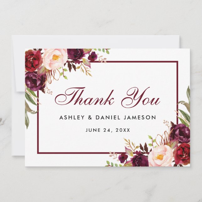 Watercolor Floral Burgundy Wedding Thank You B Card (Front)
