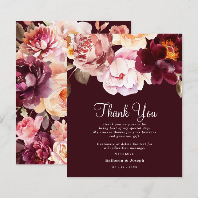 Watercolor Floral Burgundy Wedding Thank You Card (Front/Back)