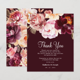Watercolor Floral Burgundy Wedding Thank You Card