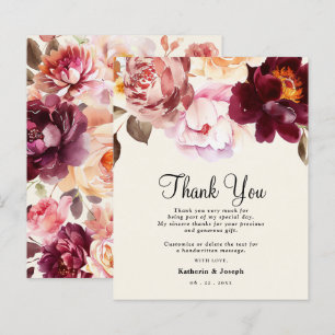 Watercolor Floral Burgundy Wedding Thank You Card
