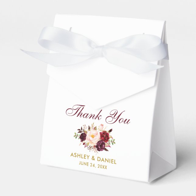 Watercolor Floral Burgundy Wedding Thanks Gold  Favour Box (Front Side)