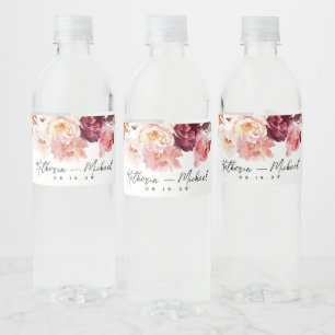 Watercolor Floral Burgundy Wedding Water Bottle Label