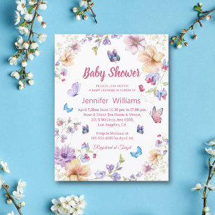 watercolor floral butterflies girl baby shower  invitation