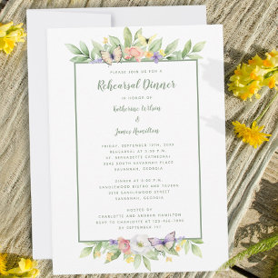 Watercolor Floral Butterflies Rehearsal Dinner Invitation