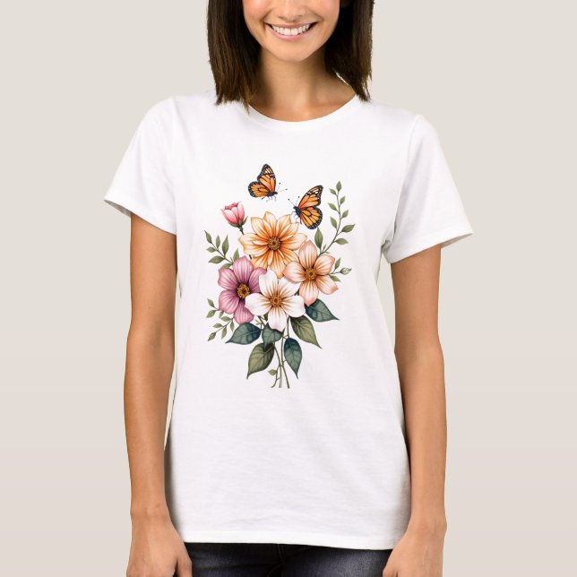 Watercolor Floral Butterflies  T-Shirt (Front)