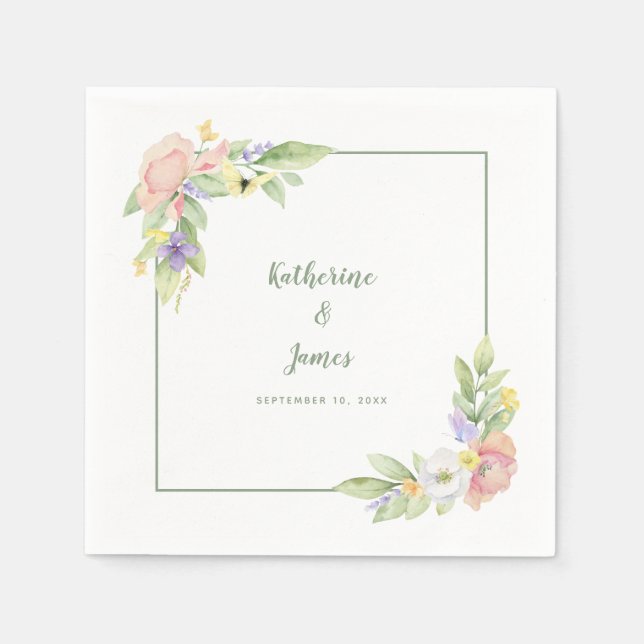 Watercolor Floral Butterflies Wedding & Engagement Napkin (Front)