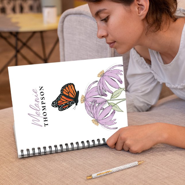 Watercolor Floral Butterfly Custom Notebook (Botanical butterfly with purple floral coneflowers Spiral notebook)