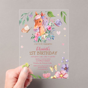 Watercolor Floral Butterfly Pony Stripe Birthday   Acrylic Invitations