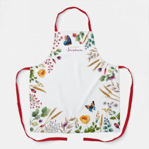 Watercolor Floral Butterfly Script Name Baker's Apron