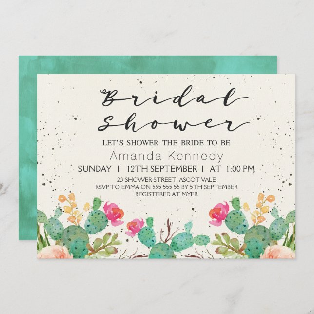 Watercolor Floral Cactus Bridal Shower Invitation (Front/Back)
