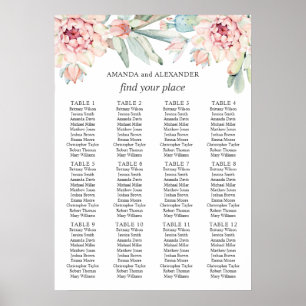 Watercolor floral cactus. Wedding seating chart