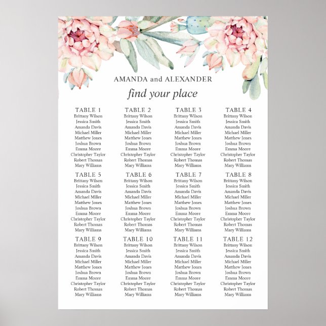 Watercolor floral cactus. Wedding seating chart (Front)