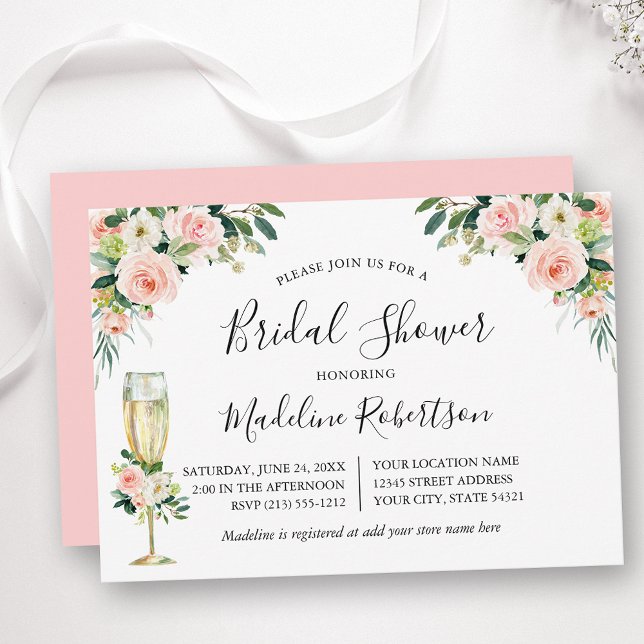 Watercolor Floral Calligraphy Pink Bridal Shower Invitation (Customize to change text color, text style or color of back of card.)