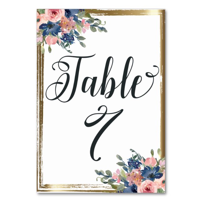 Watercolor Floral Calligraphy Table Number Card 7 (Front)