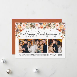 Watercolor Floral Calligraphy Thanksgiving 3 Photo Holiday Card