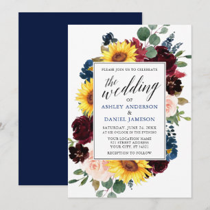 Watercolor Floral Calligraphy Wedding Blue Invitation