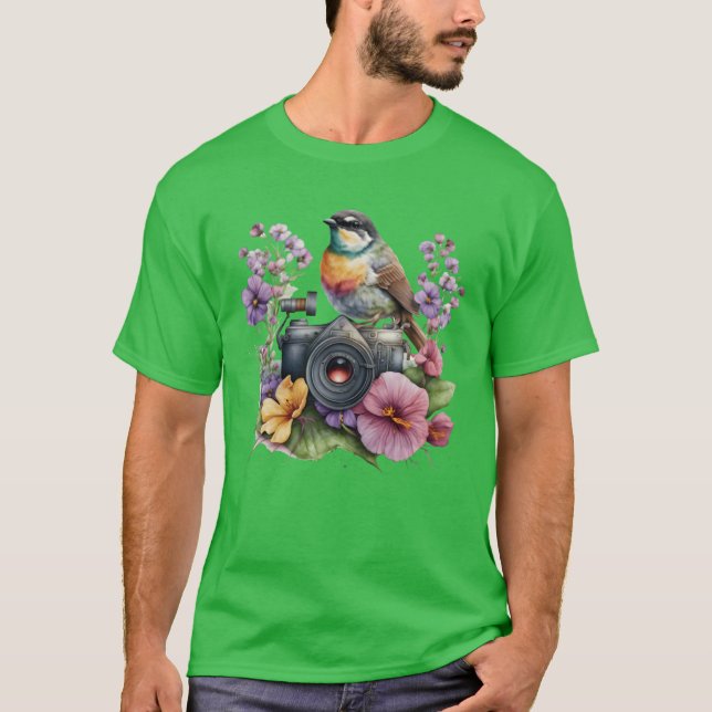 Watercolor Floral Camera With Bird funny T-Shirt (Front)