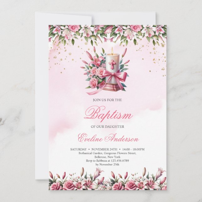 Watercolor floral candle lilles and roses Baptism Invitation (Front)