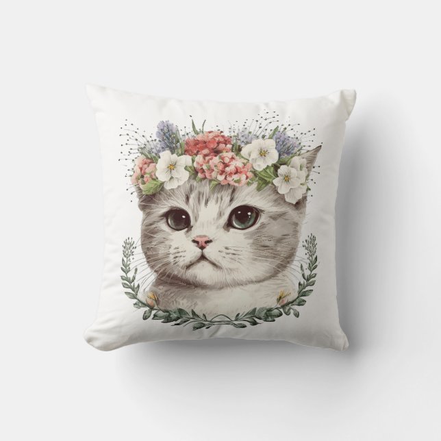 Watercolor Floral Cat Cute Cushion (Front)
