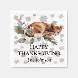 Watercolor Floral Cat Maple Leaves Thanksgiving Napkin