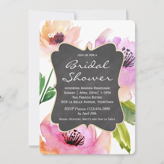 Watercolor Floral Chalkboard Bridal Shower Invitation (Front)