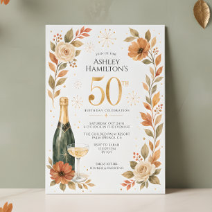 Watercolor Floral Champagne 50th Birthday Invitation