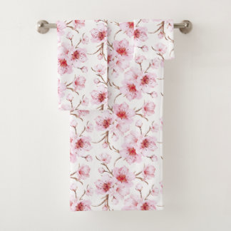 Watercolor Floral Cherry Blossoms Pink White Bath Towel Set