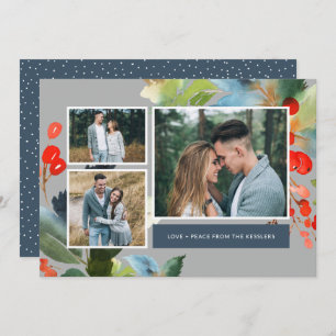 Watercolor Floral Christmas 3 Photo Collage   Grey Holiday Card