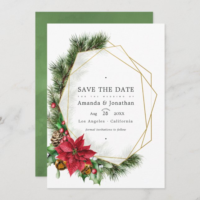 Watercolor Floral Christmas Geometric Wedding Save The Date (Front/Back)