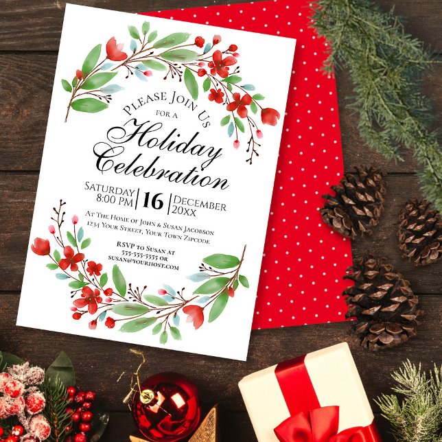 Watercolor Floral Christmas Holiday Party Invitation (In Situ Front/Back)