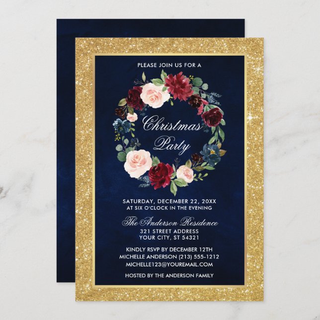 Watercolor Floral Christmas Party Gold Glitter Invitation (Front/Back)